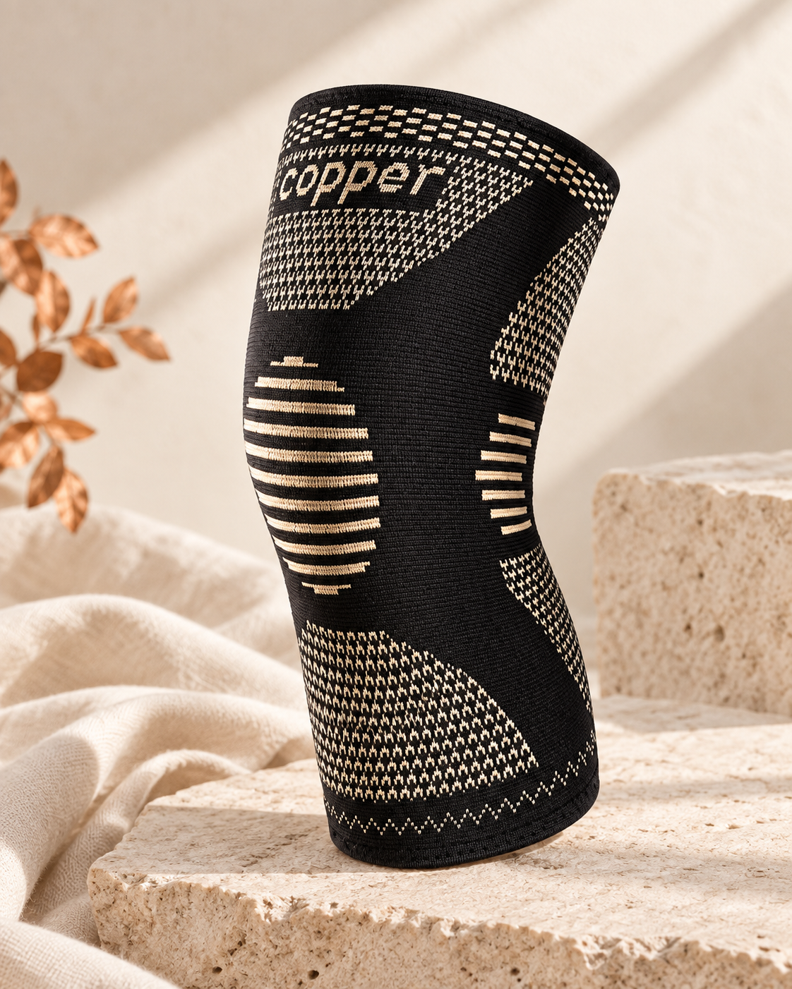 Black copper fiber knee pad on warm ivory stone