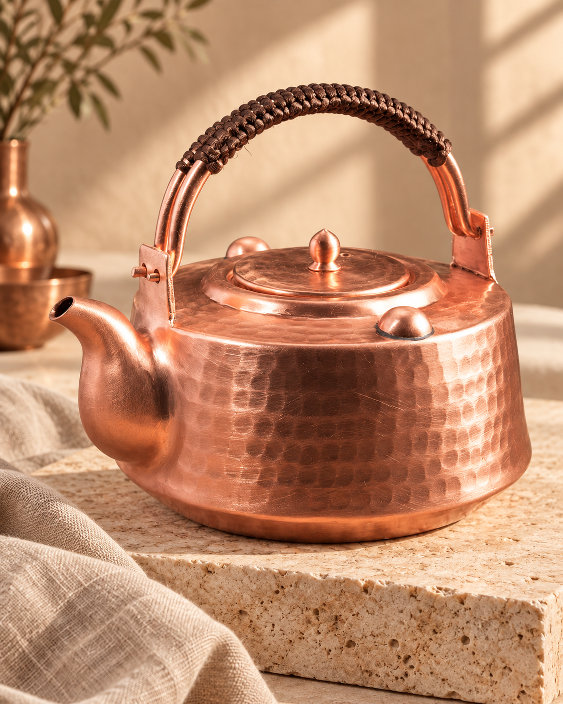 handmade thickened copper kettle retro copper kettle purple copper teapot in a warm editorial setting