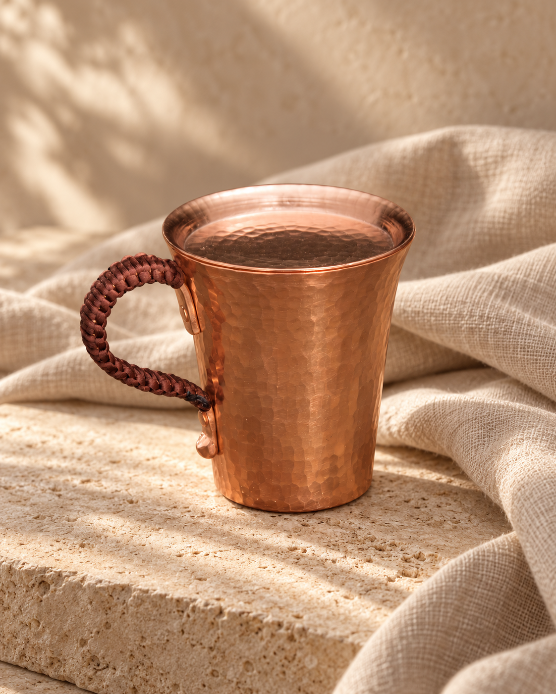 pure copper handmade cup handmade copper water cup thick copper cup on warm ivory stone