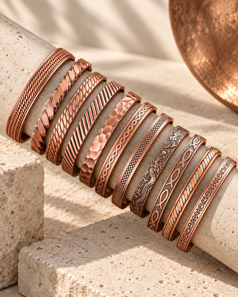 ancient pure copper bracelet cupric copper in an ivory editorial setting