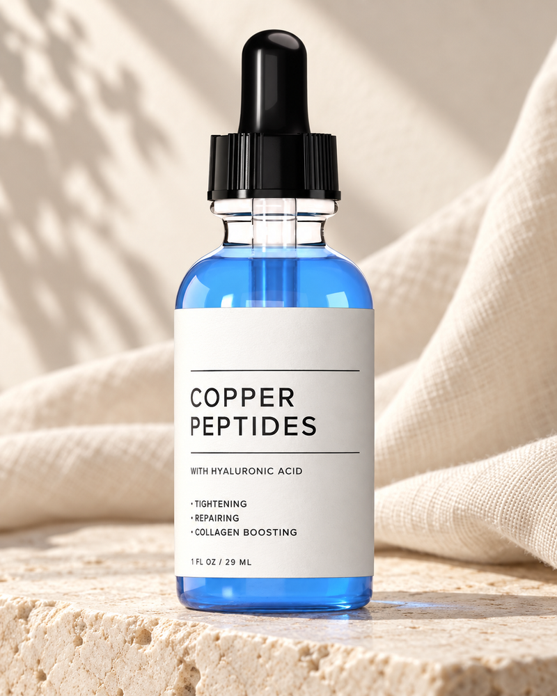 best selling copper peptide serum photographed on ivory stone