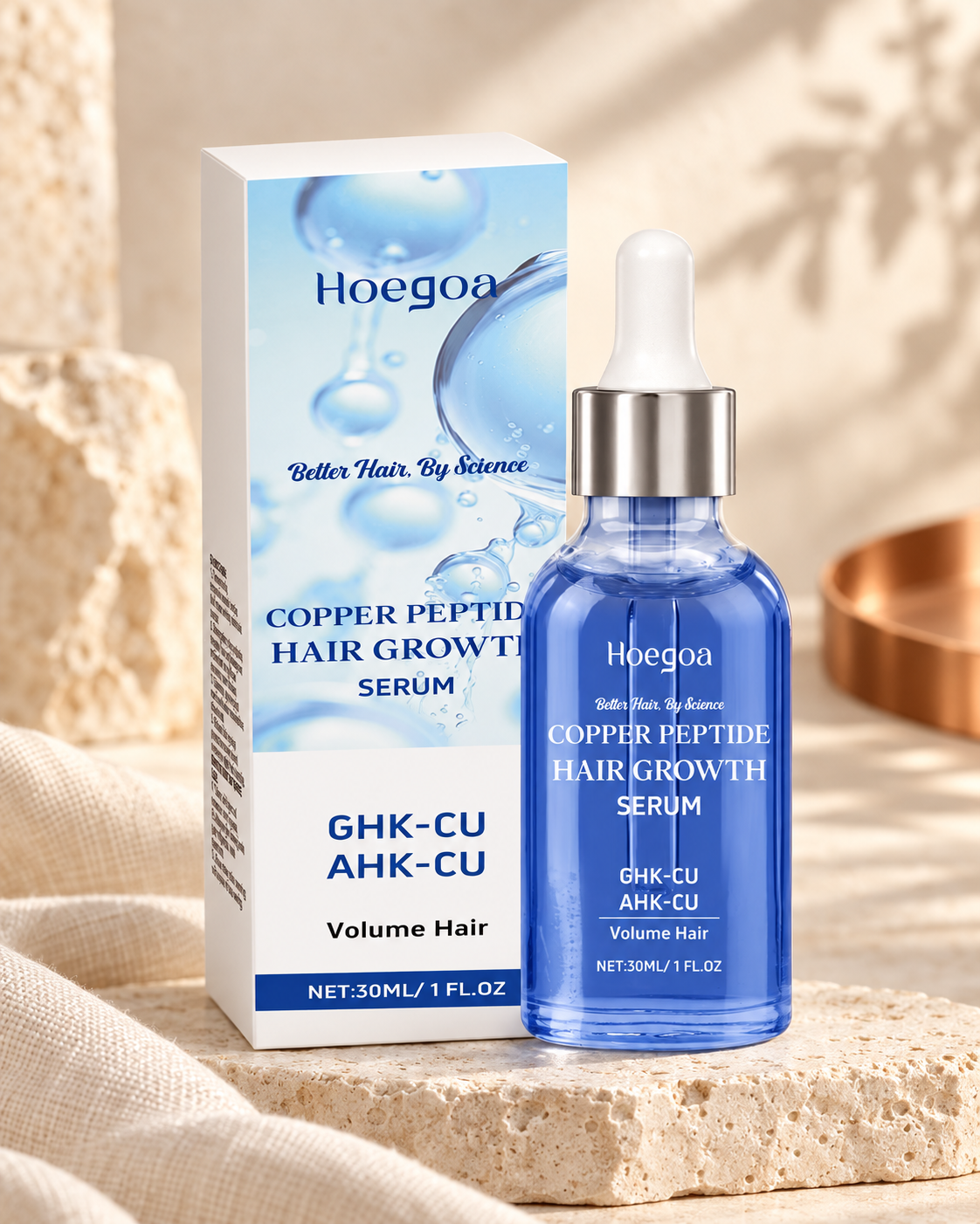 copper peptide hair growth serum photographed on ivory stone