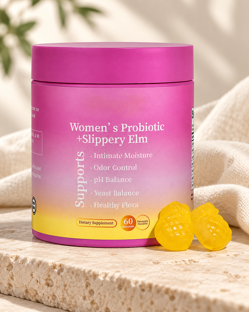 female probiotic gummies photographed on ivory stone