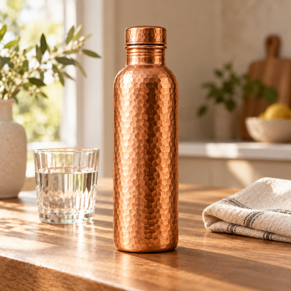 KindCopper concept image of a hammered copper water bottle on a table