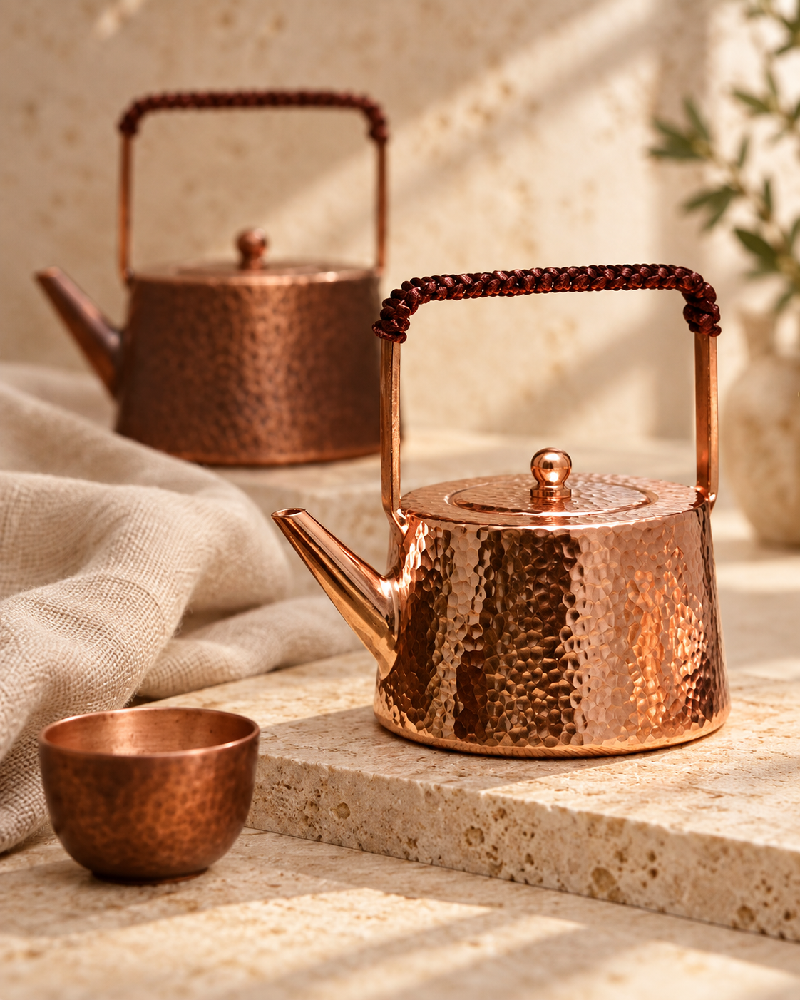 handmade small copper teapot pure copper teapot photographed against ivory stone
