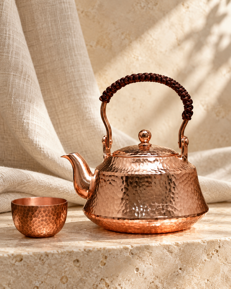 handmade small copper teapot pure copper teapot tiliang brewing tea in a warm editorial setting