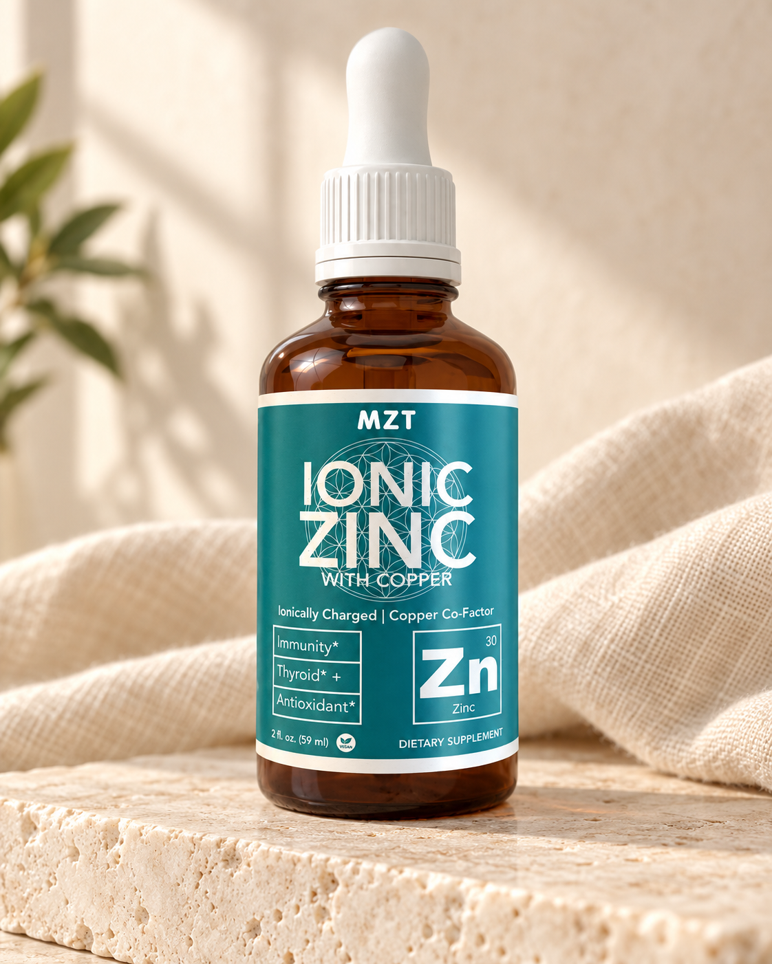 ionic zinc and copper drops photographed on ivory stone