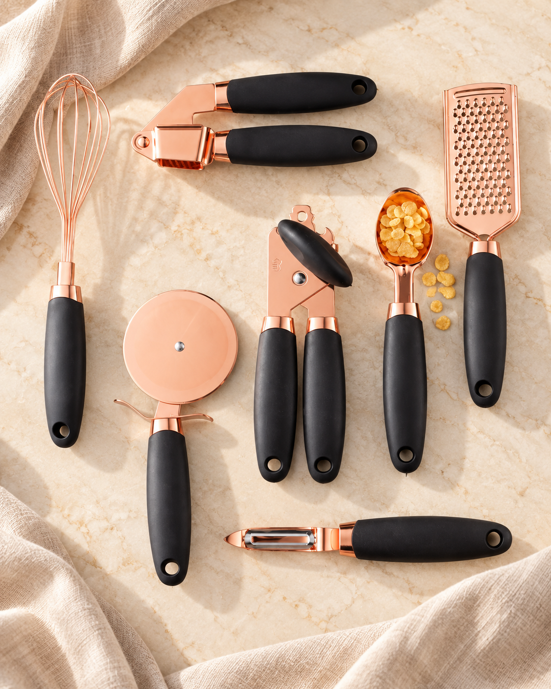 kitchen household peeler gadget copper plating set on warm ivory stone