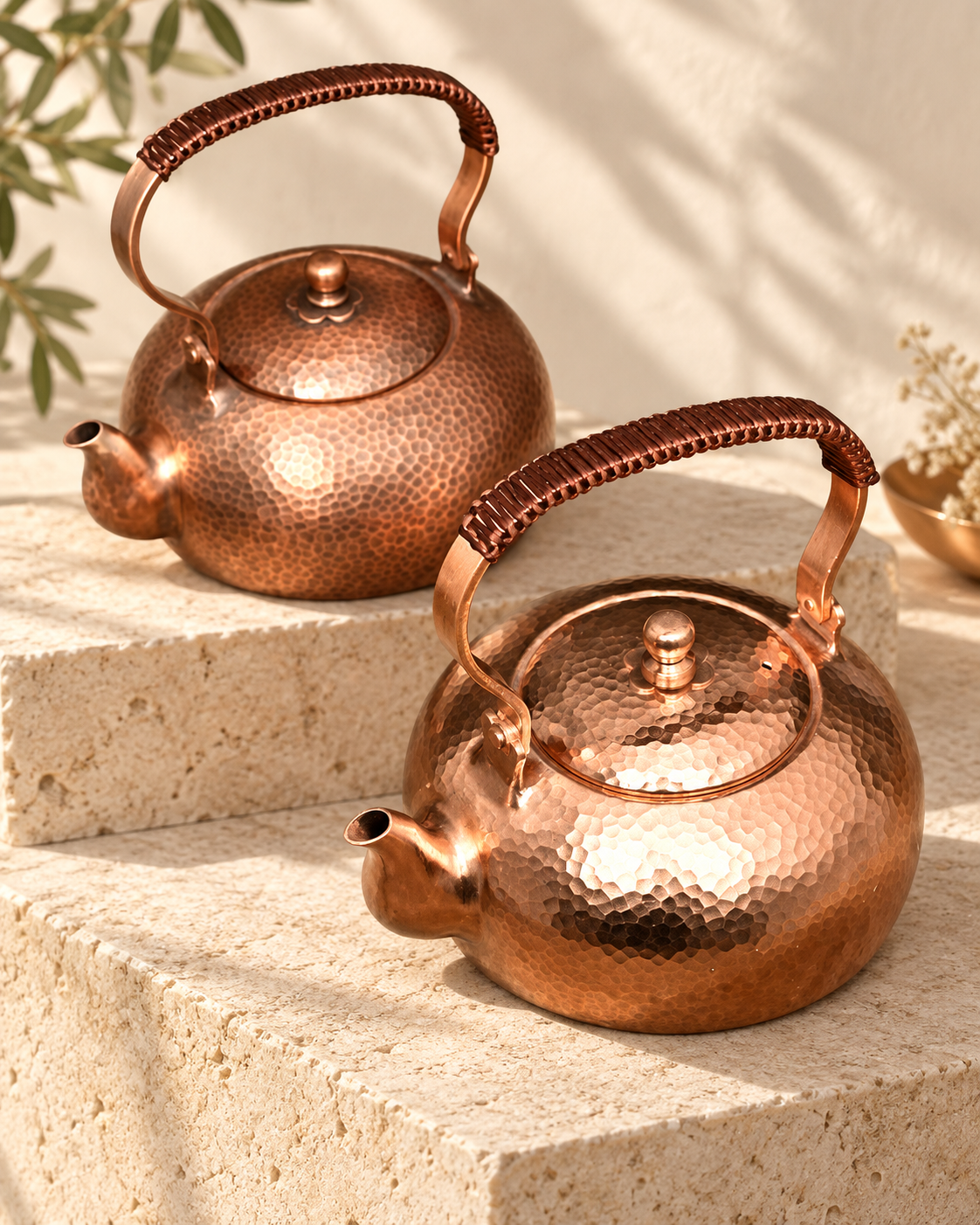 pure purple handmade copper kettle in an ivory editorial setting